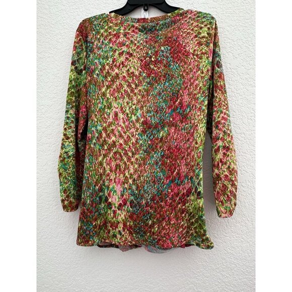Anne Klein Womens Faux Wrap Blouse L Multicolor 3/4 Sleeve Abstract Peacock Work - Picture 11 of 15